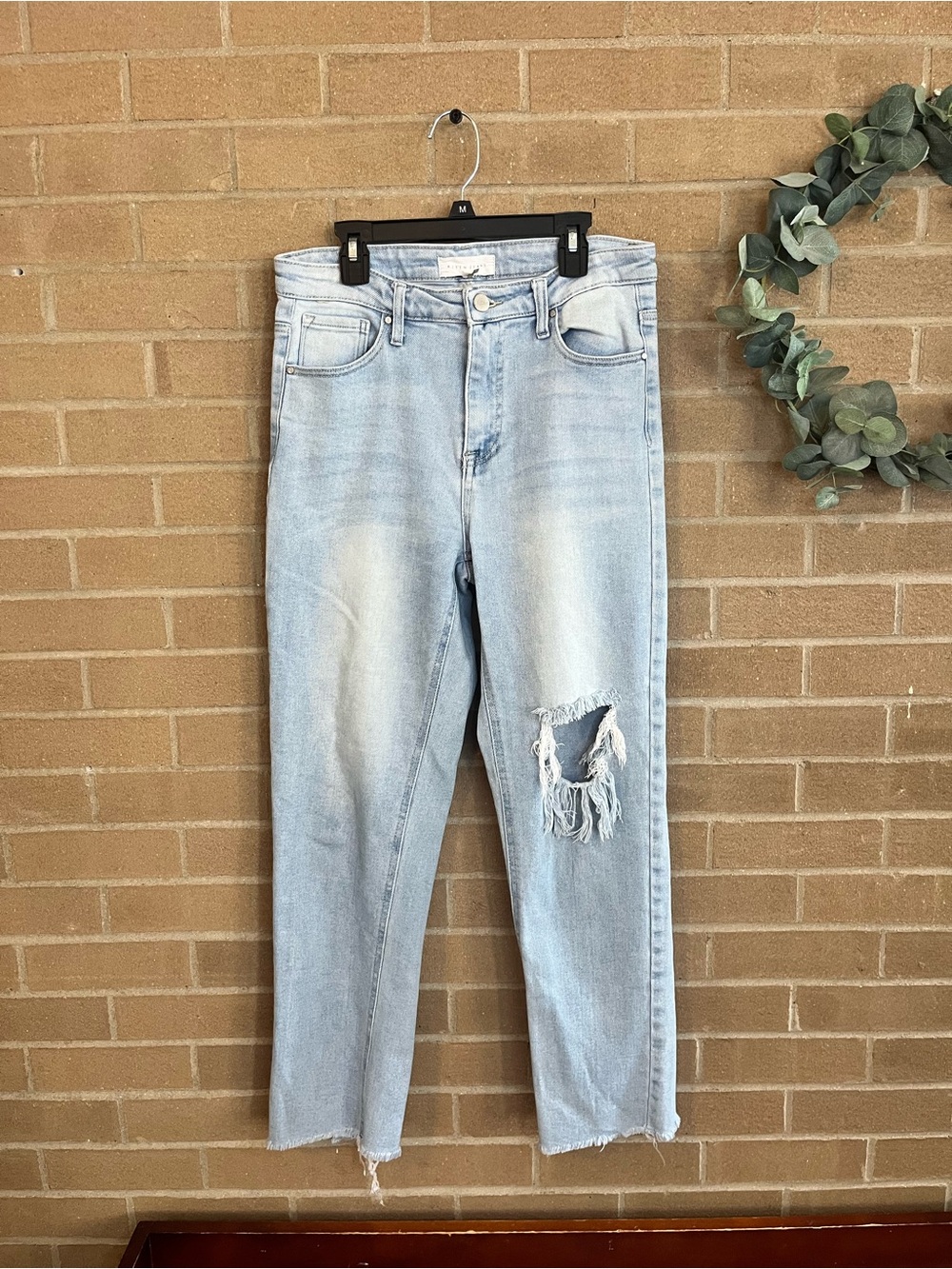 Light Blue Straight Leg Jeans with Distressed Knee - Women's